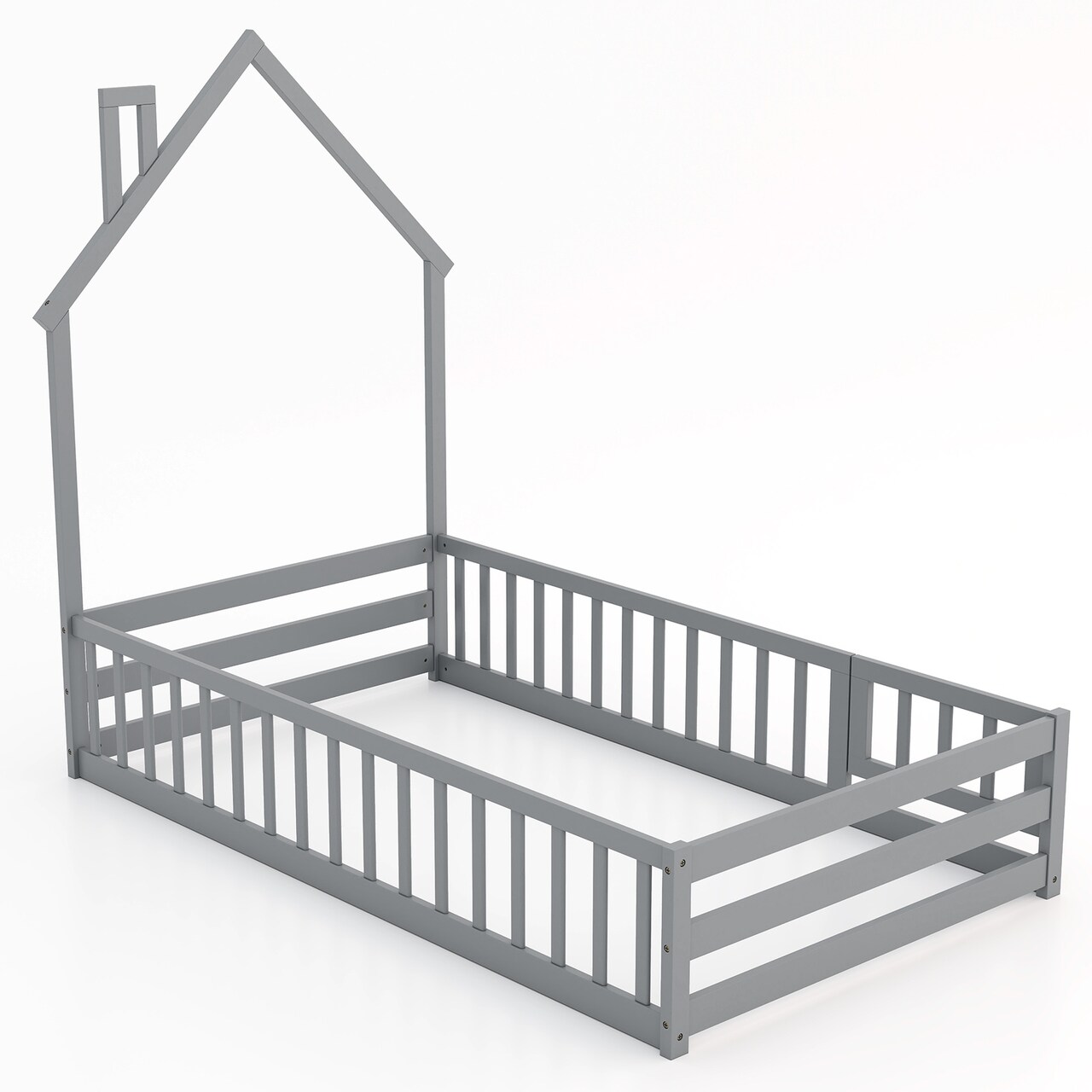 Wooden Twin Size Montessori Floor Bed with Lockable Door Guardrails and House Shape Design
